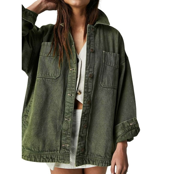 Women'S City Denim Jacket-Long Sleeve Oversized Boyfriend Style Jean Jacket with Button Up Front Army Green L
