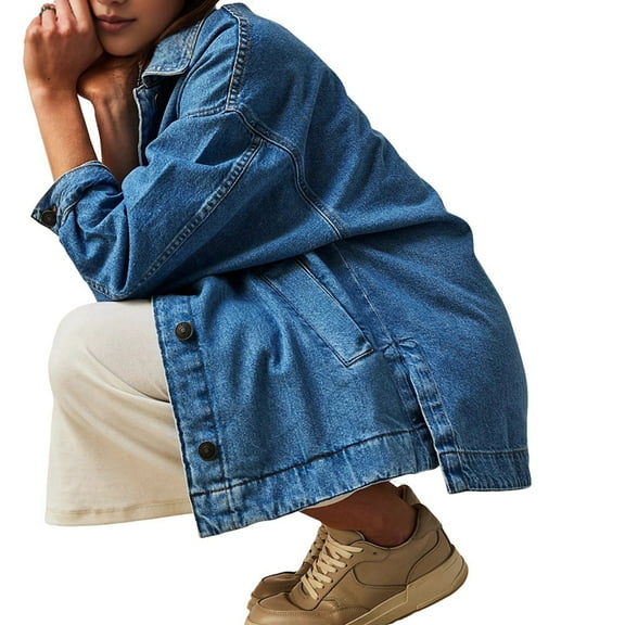 Women'S City Denim Jacket-Long Sleeve Oversized Boyfriend Style Jean Jacket with Button Up Front Blue L