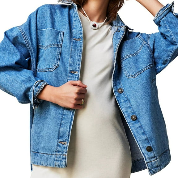 Women'S City Denim Jacket-Long Sleeve Oversized Boyfriend Style Jean Jacket with Button Up Front Blue M