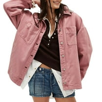Women'S City Denim Jacket-Long Sleeve Oversized Boyfriend Style Jean Jacket with Button Up Front Pink L