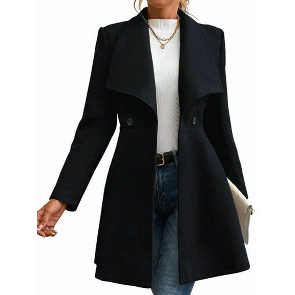 Women'S Classic Coat Lapel Collar Open Front Long Jacket Pea Coat Black M