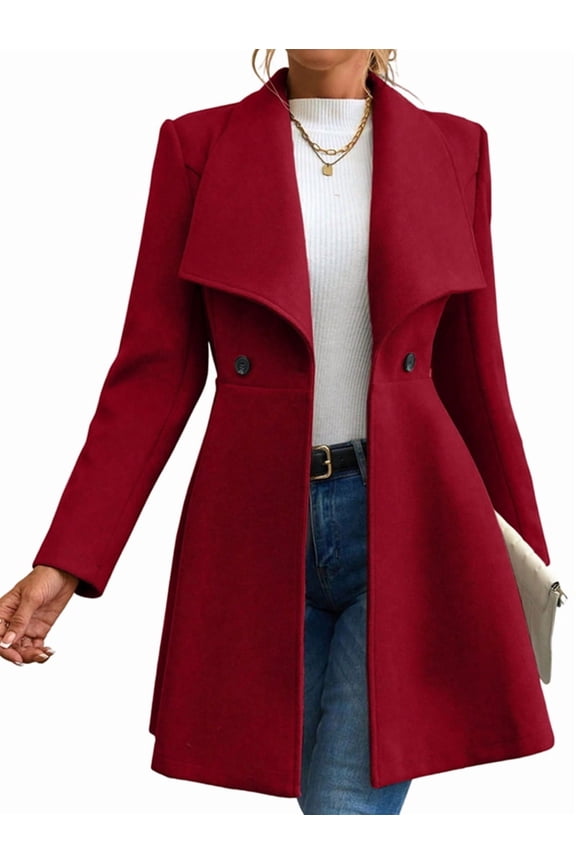 Women'S Classic Coat Lapel Collar Open Front Long Jacket Pea Coat Deep Red M