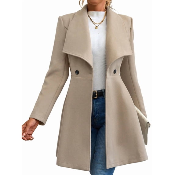 Women'S Classic Coat Lapel Collar Open Front Long Jacket Pea Coat Khaki S