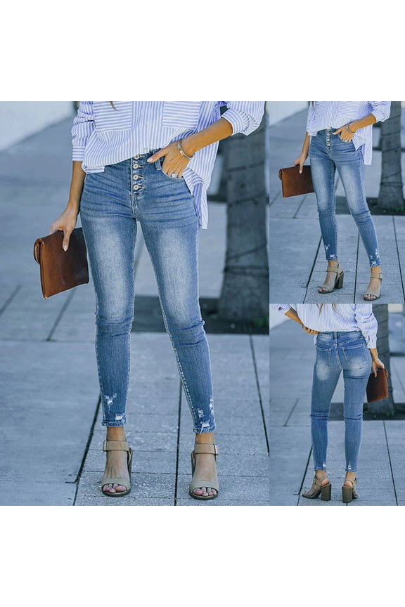 Women’S Classic Denim Leggings Mid Buttons Rise Skinny Jeans Super Stretch Pants Blue S