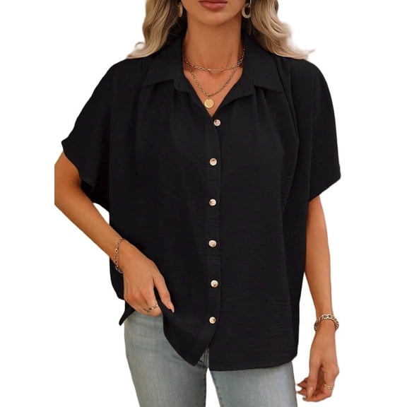 Mawalde Women'S Classic-Fit Button Down Casual Blouses Short Sleeve Beach Vacation Hawaiian T Shirts Black L