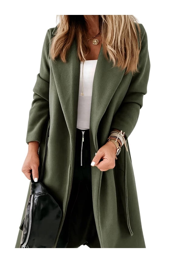 Women'S Classic Lapel Long Sleeve Front Open Belted Jacket Extra Long Wool Coat Army Green M