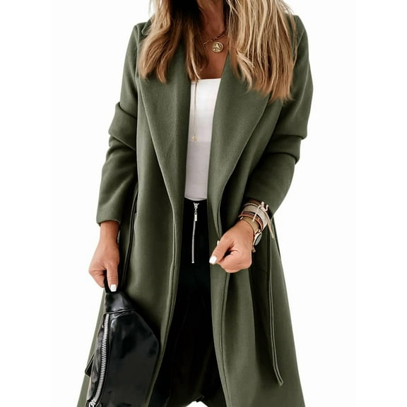 Women'S Classic Lapel Long Sleeve Front Open Belted Jacket Extra Long Wool Coat  Green M