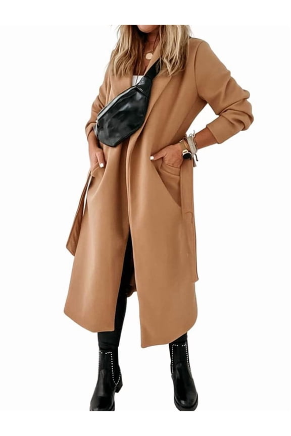 Women'S Classic Lapel Long Sleeve Front Open Belted Jacket Extra Long Wool Coat Khaki M