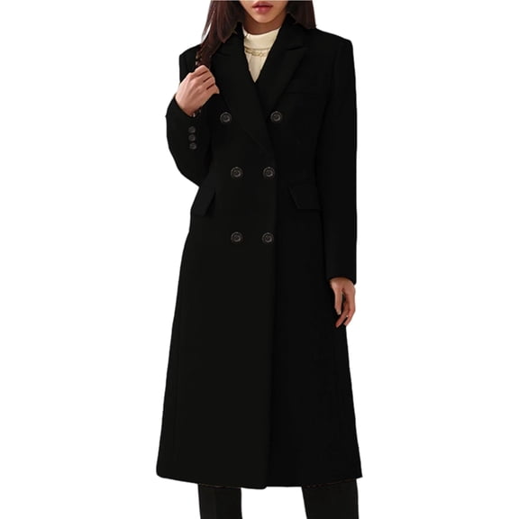 Women'S Classic Notched Lapel Double-Breasted Warm Pea Coat Overcoat with Pockets Black XXL