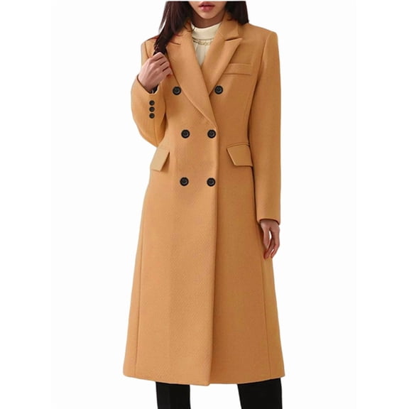 Women'S Classic Notched Lapel Double-Breasted Warm Pea Coat Overcoat with Pockets Khaki 5XL