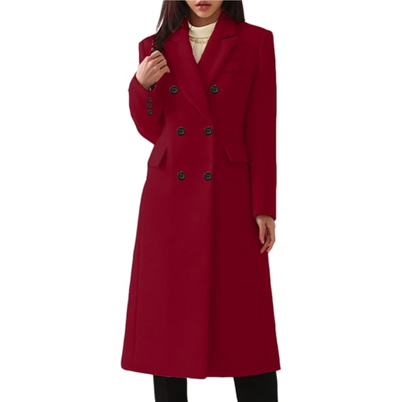 Women'S Classic Notched Lapel Double-Breasted Warm Pea Coat Overcoat with Pockets Wine Red 5XL
