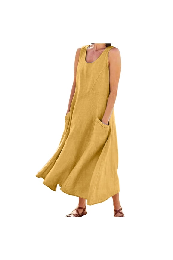 Women'S Clothing Casual Work Dresses for Women Long Sleeve Dresses Tight Petite Women Winter Dress plus Size Summer Dress with Pockets for Womens Solid Color Round Neck Pockets Casual Long Yellow M