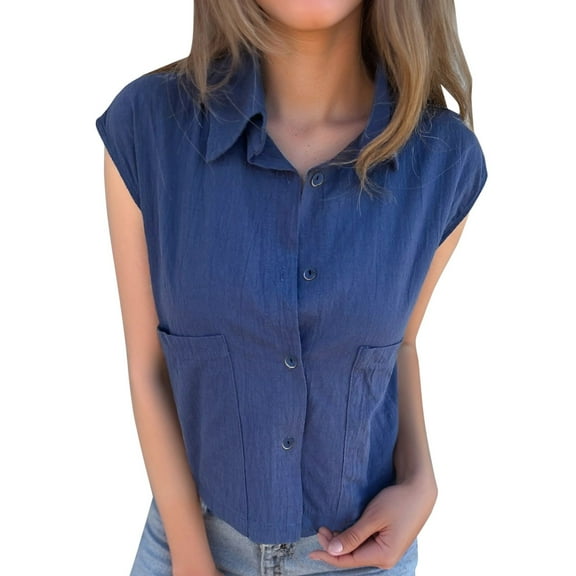 Women'S Clothing, Shirts for Women, Trendy Casual Summer Women’s Shirts Short Sleeve Loose Fit Button-Up with Pockets for Everyday Wear and Stylish Outings