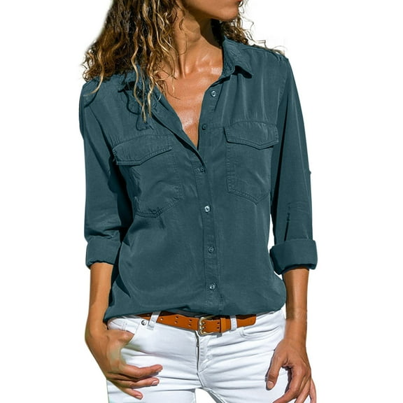 Women'S Clothing, Tops for Women Trendy, Stylish Button-Up Shirts for Women Long Sleeve Roll-Up Boyfriend V Neck Casual Work Blouses for Everyday Wear and Settings