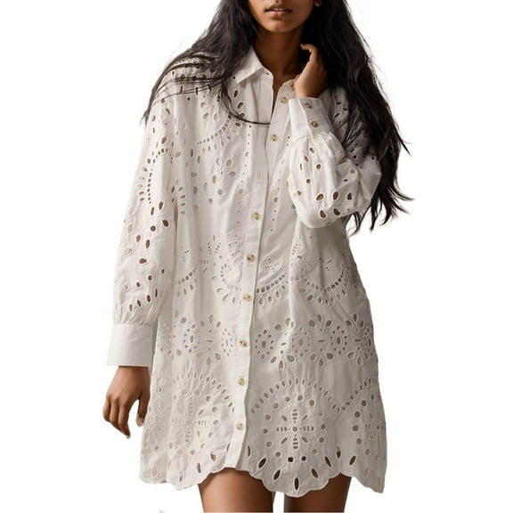 Women'S Clothing, Women Blouses, Stylish Women’s Button Down Hollow Out Eyelet V Neck Long Sleeve Ruffle Flowy Oversized Shirt Dress for Casual Wear