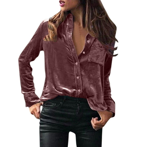 Women'S Clothing, Women'S Tops, Stylish Women's Casual Winter Blouse Velvet Long Sleeve Button Down Elegant Pocket Top for Everyday Wear