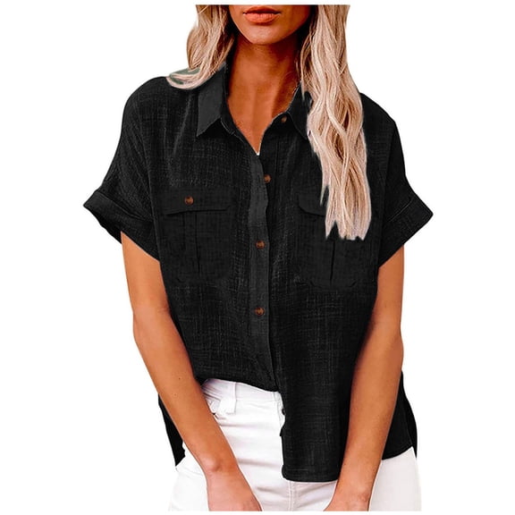 Women'S Clothing, Womens Shirts, Stylish Casual Short Sleeve Blouses for Women with Pockets Lightweight Tops for Everyday Wear Feminine Versatile Shirts for Effortless Outfits