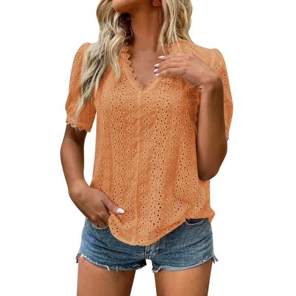 Women'S Clothing, Womens Tops, Trendy Women Blouses Embroidered V Neck Short Sleeve Shirts Casual Elegant Tunic Tops for Everyday Wear