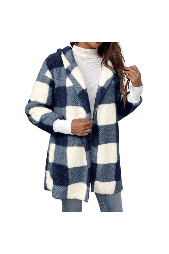 Women'S Coat Winter Warm Hooded Plaid Mid-Length Plush Cardigan Jacket Plush Plaid Cotton Coat Winter Coat Outerwear