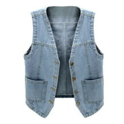 AOMPMSDX Women'S Coats Open Front Sleeveless Denim Vest V Neck Button Down Jean Blue Comfortable Tops L