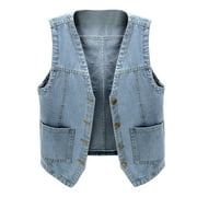 Women'S Coats Open Front Sleeveless Denim Vest V Neck Button Down Jean Blue Comfortable Tops XL