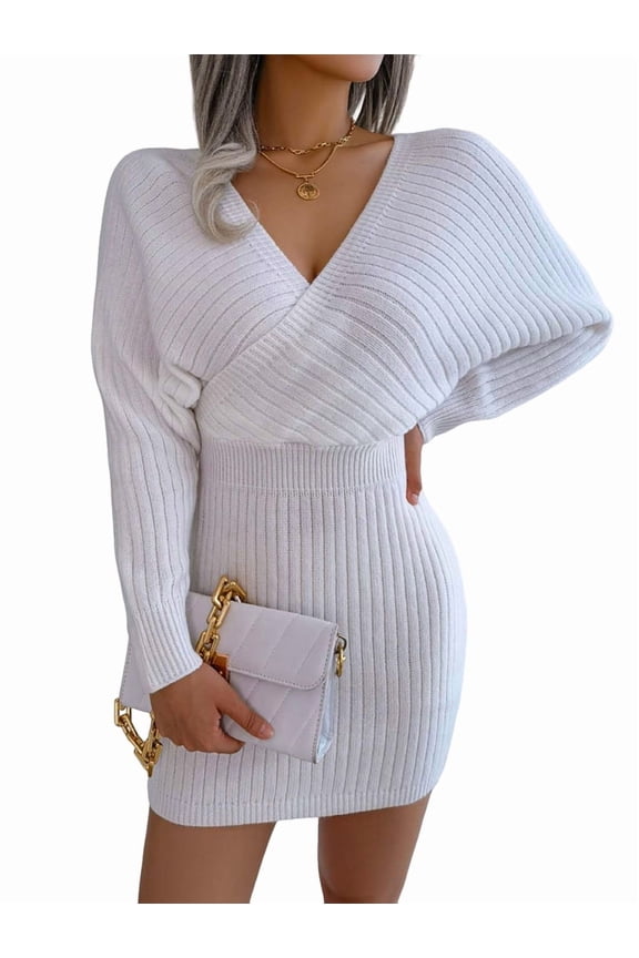 Women'S Cocktail Batwing Long Sleeve Wrap Knit Sweater Mini Dress White L
