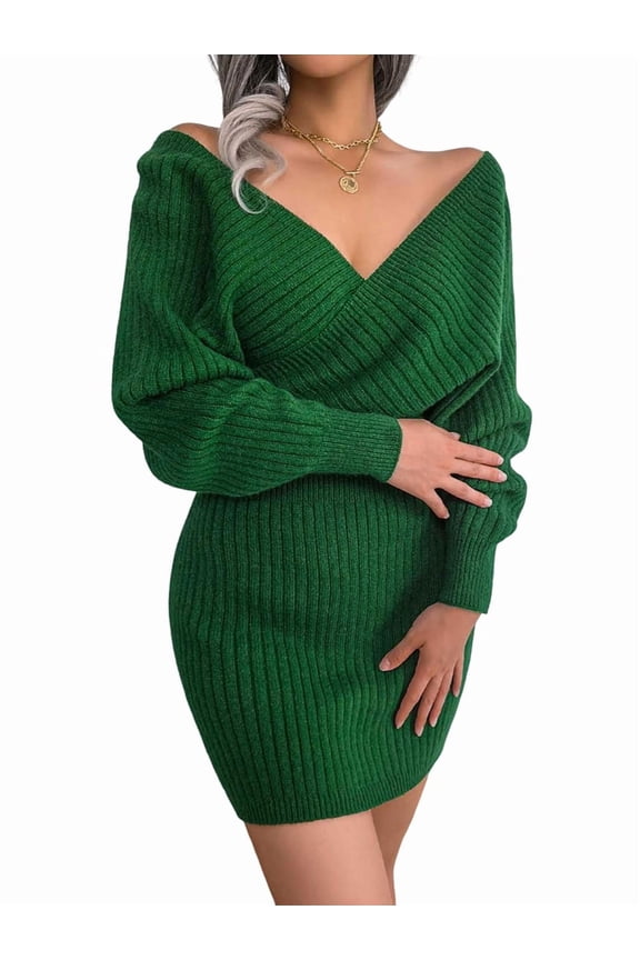 Women'S Cocktail Batwing Long Sleeve Wrap Knit Sweater Mini Dress