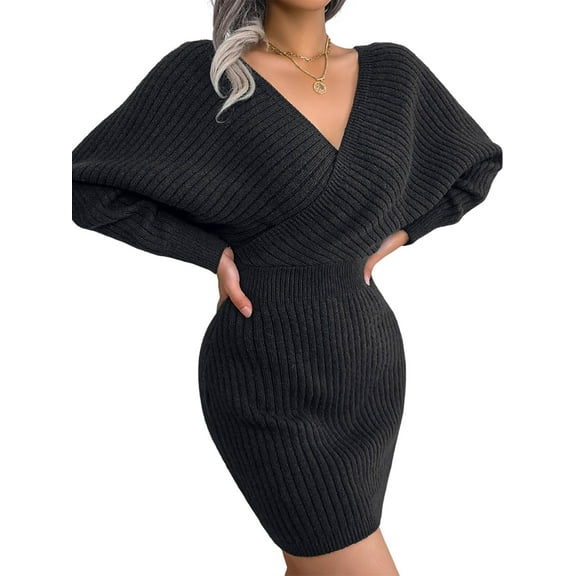 Women'S Cocktail Batwing Long Sleeve Wrap Knit Sweater Mini Dress Black L
