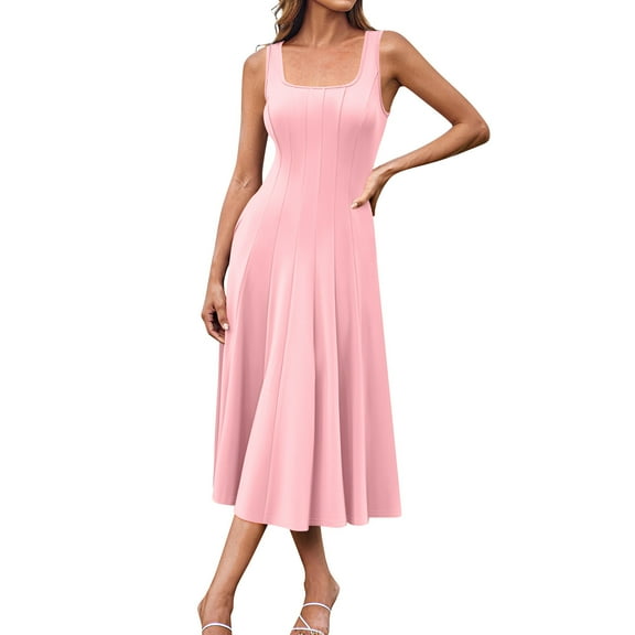 Women'S Cocktail Dresses, Casual Tank Round Neck Sleeveless With Pocket Midi Dress Cotton For Women 2025 Green Dresser Long Flowy Formal Dresses Club Spring Dresses (L, Pink) ZMTing