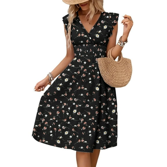 Women'S Cocktail Dresses, Floral Smocked Waist Boho Midi Dress With Ruffle Sleeves, Loose Fit Casual Summer Dress 2025 For Wedding Guest Party Formal Dresses Casual Cocktail (S, Black) ZMTing