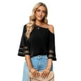 thumbnail image 1 of Women'S Cold Shoulder Mesh Panel 3/4 Bell Sleeve Casual Top Blouse Shirt Black S, 1 of 8
