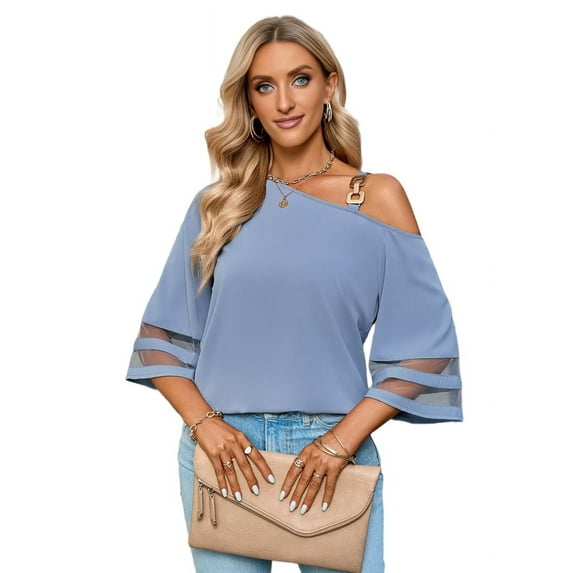 Women'S Cold Shoulder Mesh Panel 3/4 Bell Sleeve Casual Top Blouse Shirt Blue XL