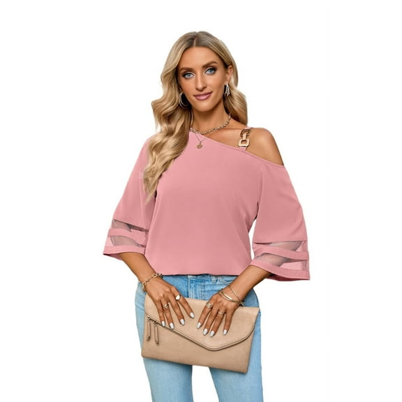 Women'S Cold Shoulder Mesh Panel 3/4 Bell Sleeve Casual Top Blouse Shirt Pink M