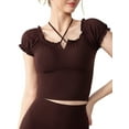 thumbnail image 1 of Women'S Cold Shoulder Summer Halter Top Short Sleeve Off the Shoulder Rib Knit Crop Top Tee Shirt Coffee Color XL, 1 of 7