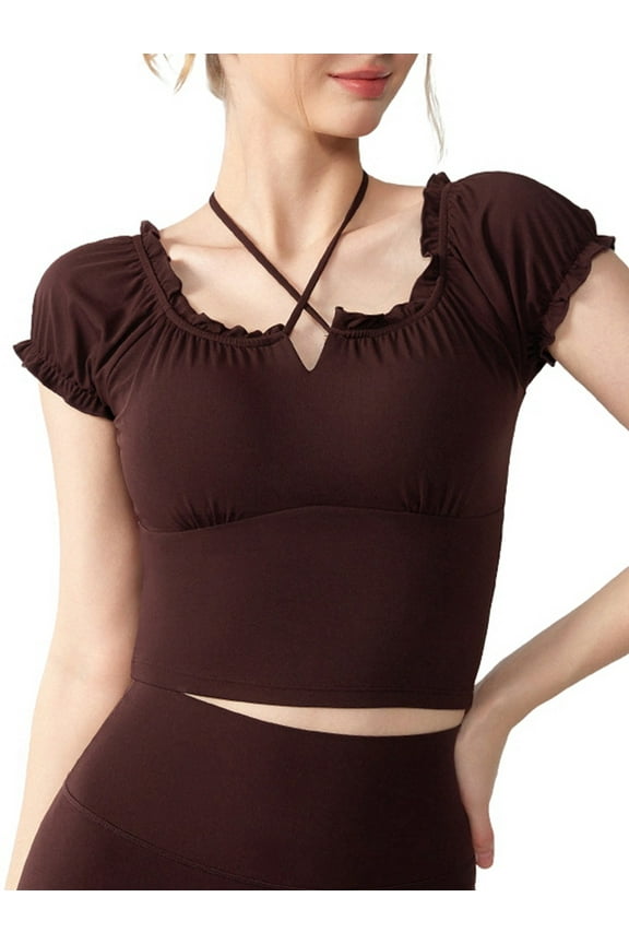 Women'S Cold Shoulder Summer Halter Top Short Sleeve Off the Shoulder Rib Knit Crop Top Tee Shirt Coffee Color XL