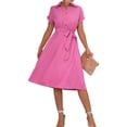 thumbnail image 1 of Women'S Collar Neck Button Down Tie Waist Short Sleeve A Line Midi Shirt Dress Rose Red L, 1 of 10