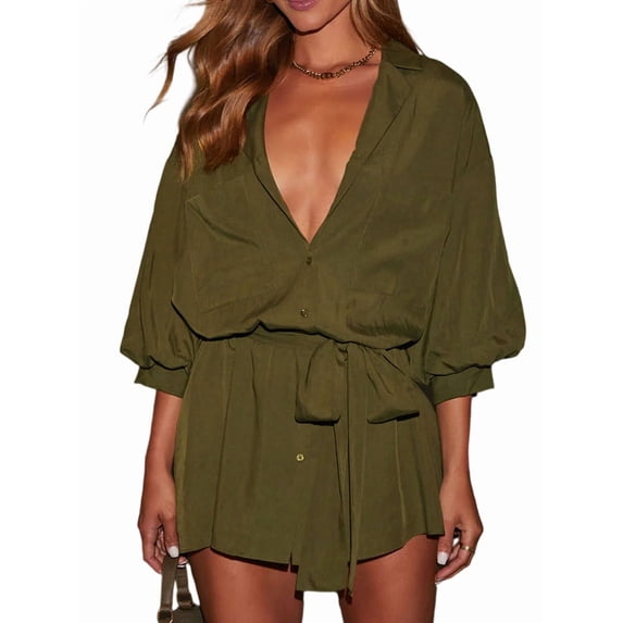 Women'S Collar V Neck Button Down Pleated 3/4 Sleeve Mini Shirt Dress with Belt Army Green XXL