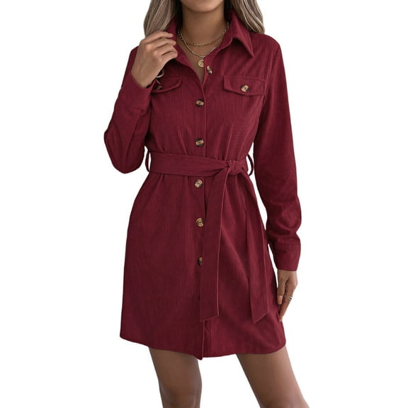 Women'S Collar V Neck Button Down Pleated Long Sleeve Mini Shirt Dress with Belt Wine Red S