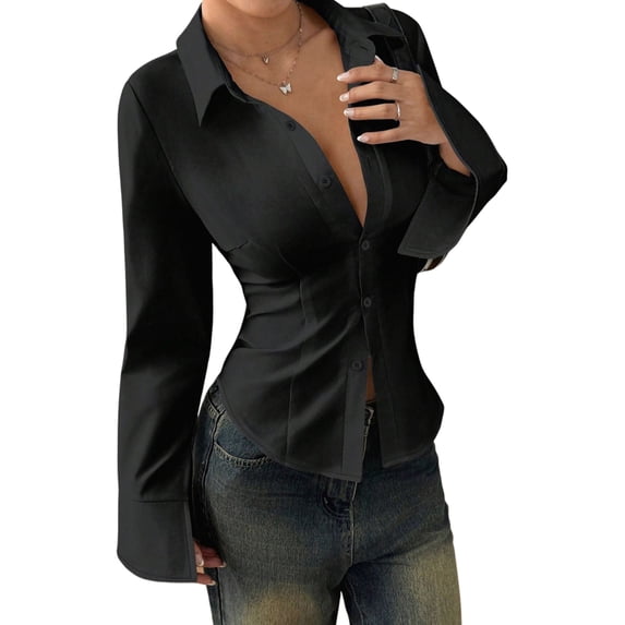 Women'S Collared Waist Pleated Flare Long Sleeve Fitted Shirt Black XXL