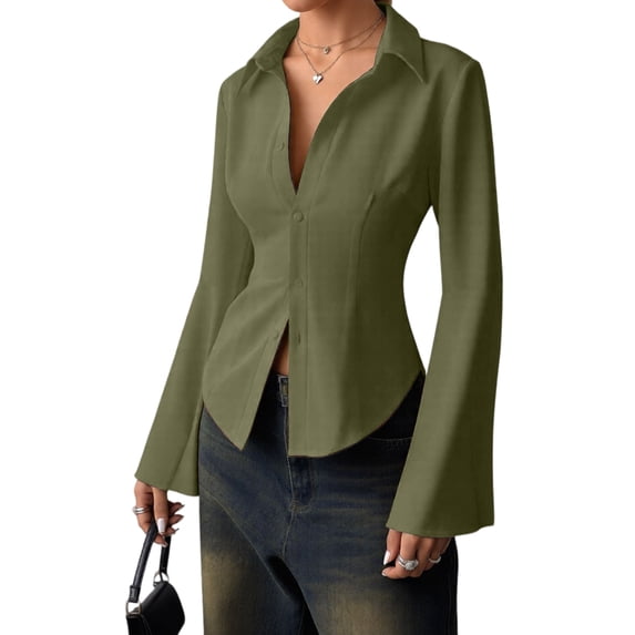 Women'S Collared Waist Pleated Flare Long Sleeve Fitted Shirt Green S