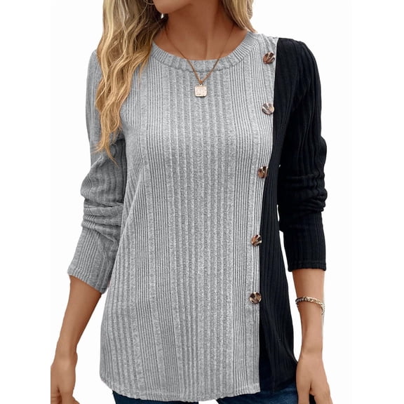 Women'S Color Block Button Asymmetric Long Sleeve Shirt, Light Button Trim, Side Slit Waist Top Light Gray L