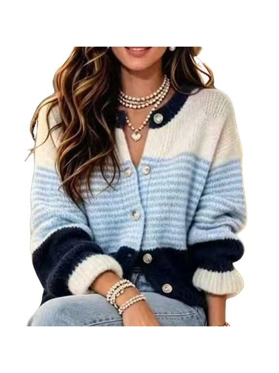Women'S Color-Block Button Front Knit Cardigan Blue M