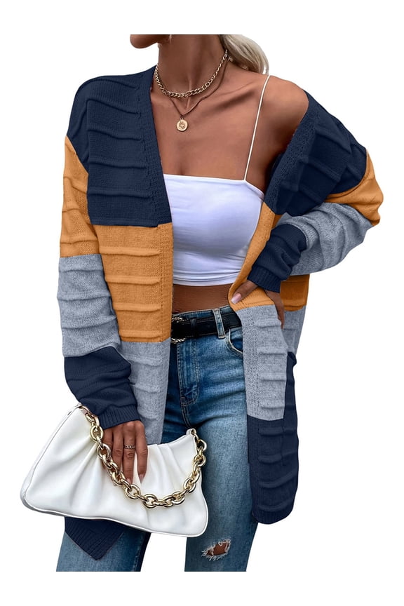 Women'S Color Block Cardigan Long Sleeve Open Front Knit Sweaters Loose Shrugs Knitwear with Pockets Blue Orange XL