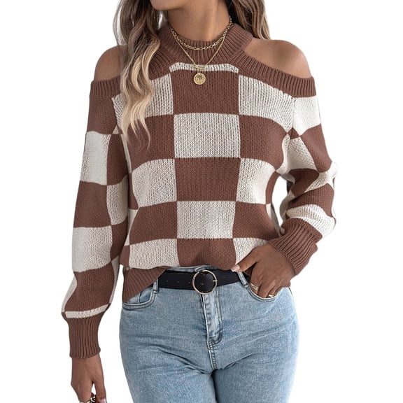 Women'S Color Block Checkered Off-Shoulder Long Sleeve Y2K Knitted Pullover Tops Vintage Sweater Coffee Color XL