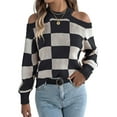 thumbnail image 1 of Women'S Color Block Checkered Off-Shoulder Long Sleeve Y2K Plaid Knitted Pullover Sweater Tops Vintage Sweater Black M, 1 of 9