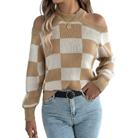 Women'S Color Block Checkered Off-Shoulder Long Sleeve Y2K Plaid Knitted Pullover Sweater Tops Vintage Sweater Khaki S