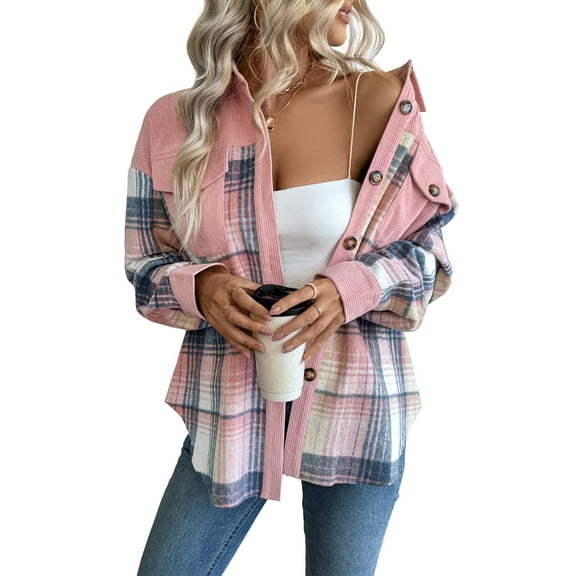 Women'S Color Block Corduroy Shirts Long Sleeve Button Down Boyfriend Blouses Tops Pink XXL