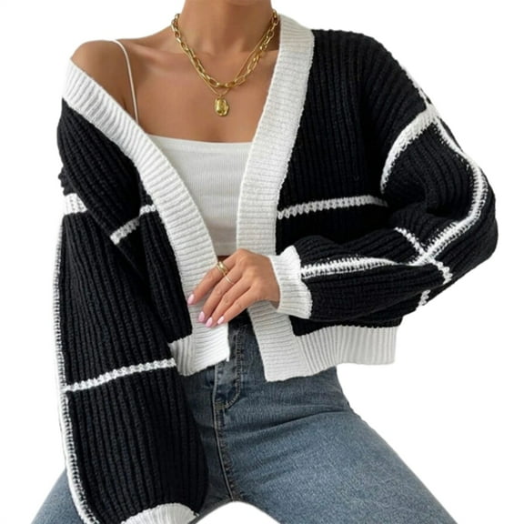 Women'S Color Block Crop Cardigan Top Long Sleeve Open Front Sweater Black L