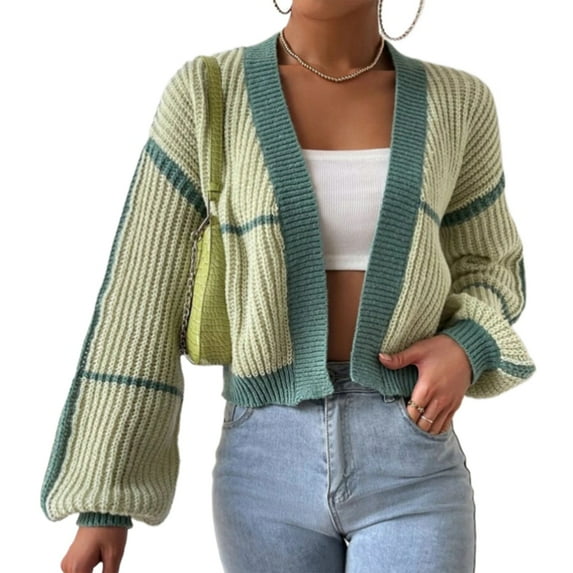 Women'S Color Block Crop Cardigan Top Long Sleeve Open Front Sweater Matcha Color Style M