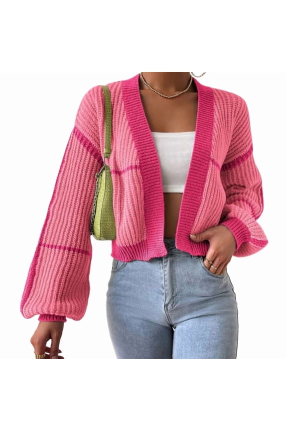 Women'S Color Block Crop Cardigan Top Long Sleeve Open Front Sweater Peach Color Style L